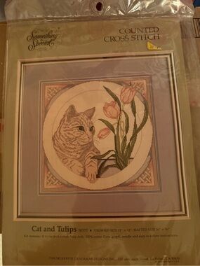 Vintage Cat and Tulips Counted Cross Stitch Kit - Beige/Pink